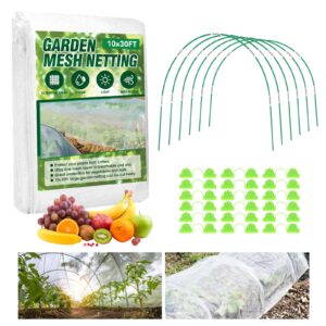 jckhxg garden netting kit, 10x30ft ultra fine mesh netting ＆6 sets of 8ft fiberglass garden hoops for raised beds, vegetable plants fruits flowers birds animals barrier protection net