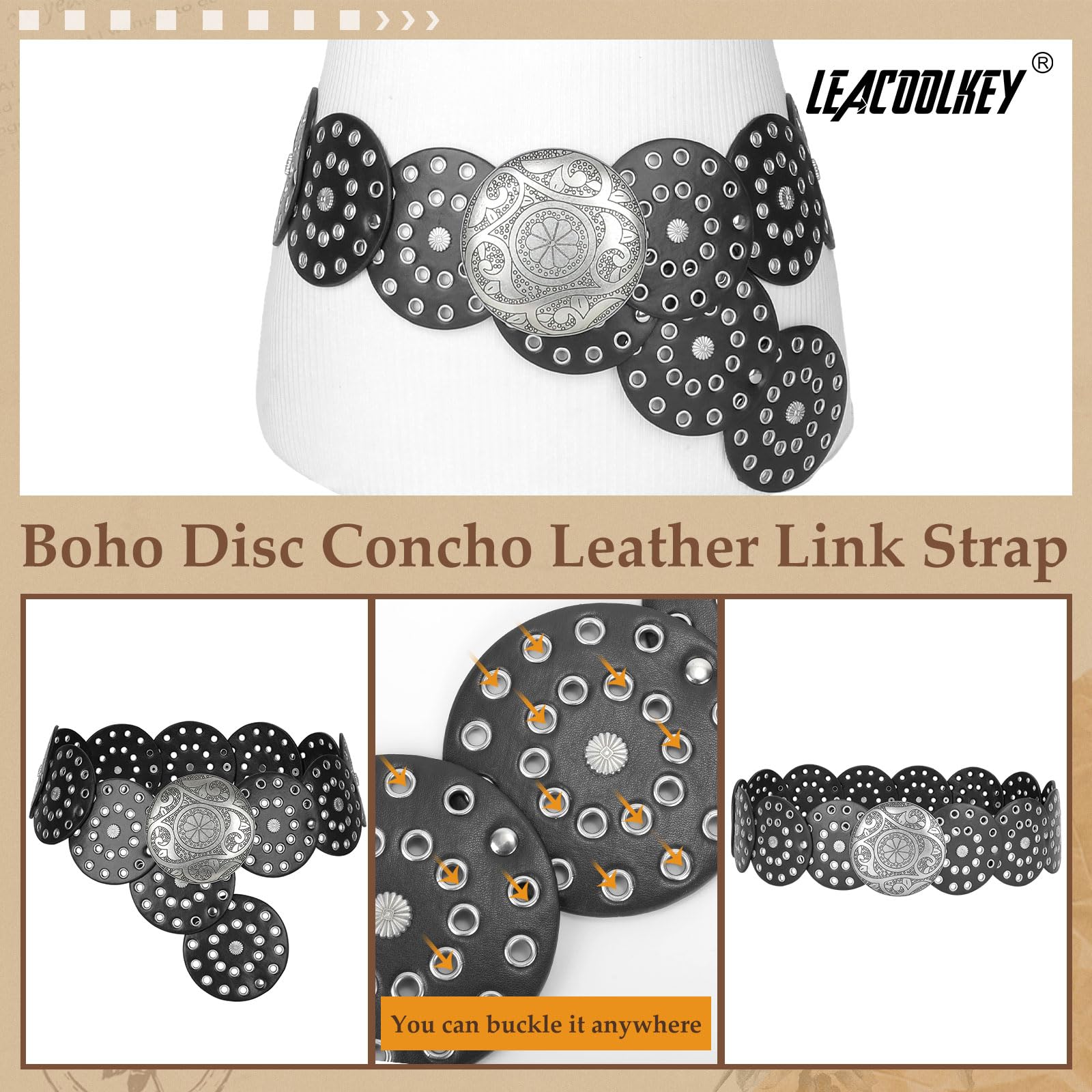 LEACOOLKEY Women Western Leather Belt Boho Disc Conch Waist Belt for Dress Jeans