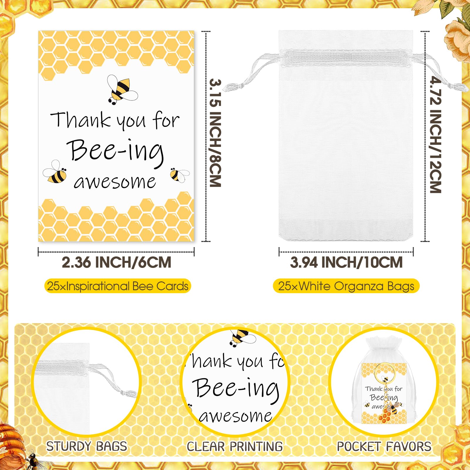 Landical 25 Sets Employee Appreciation Gift Cute Keychains Thank You Cards and Organza Bag Inspirational Gifts for Coworker (Bee)