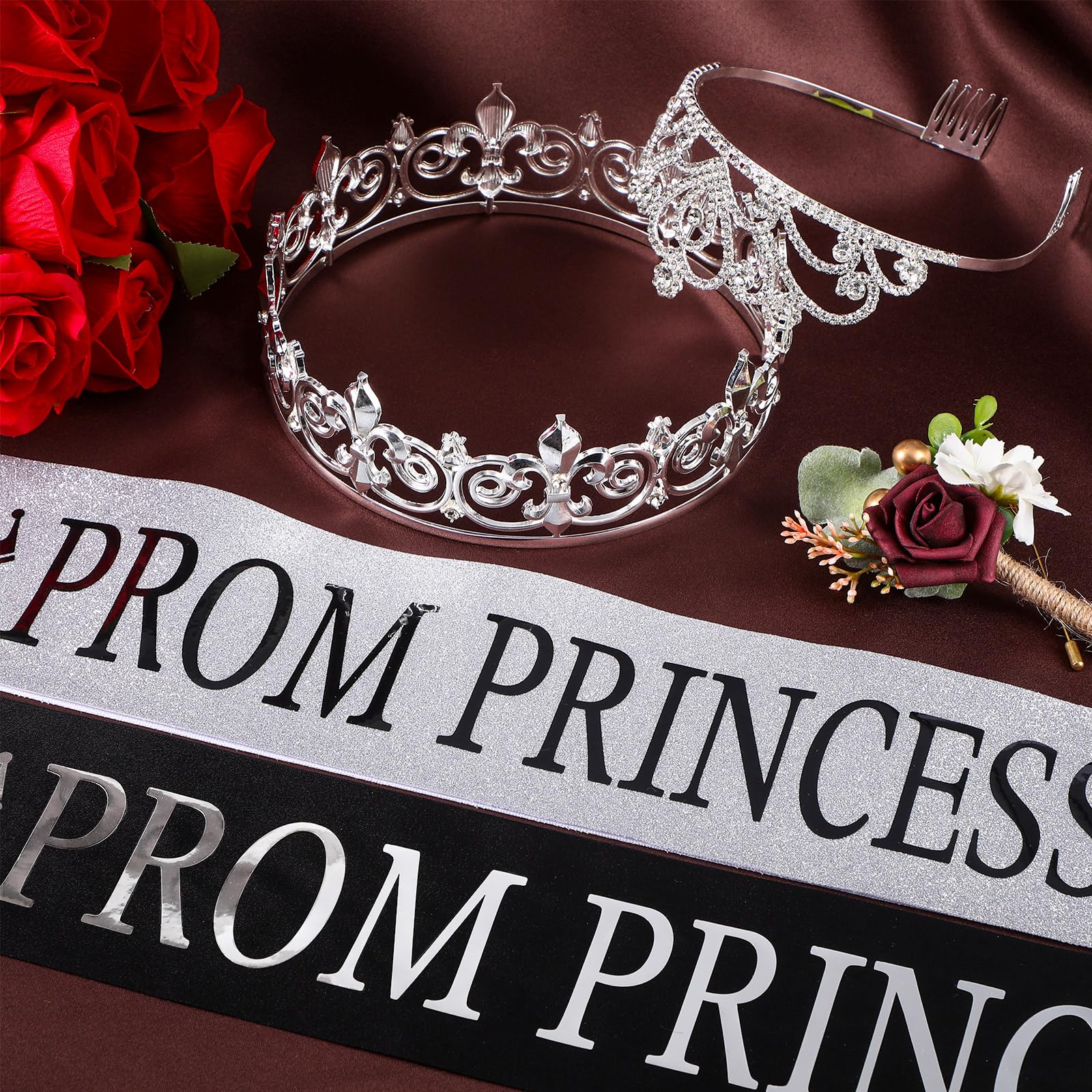 Saintrygo Prom Prince and Princess Crown Set with Sashes 80s Prom Party Favors for Halloween Cosplay 2024 Graduation(Nostalgic Style)