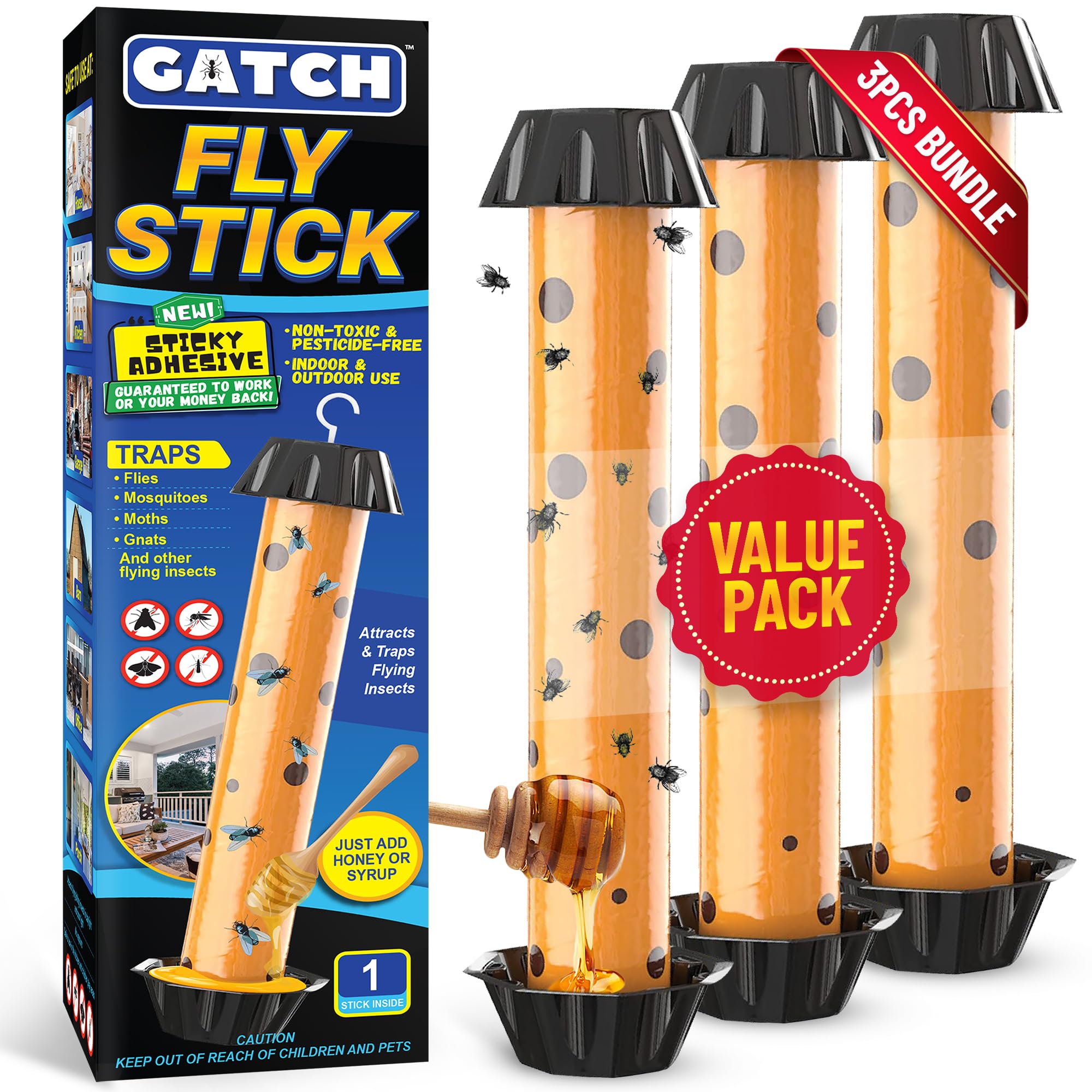 GATCH Fruit Fly Trap (3 Pack), Fly Stick for Mosquitoes, Sticky Trap for Flies Gnats Wasp Flying Insects, Bug Catcher, Indoor or Outdoor Use, Ready to Use Home