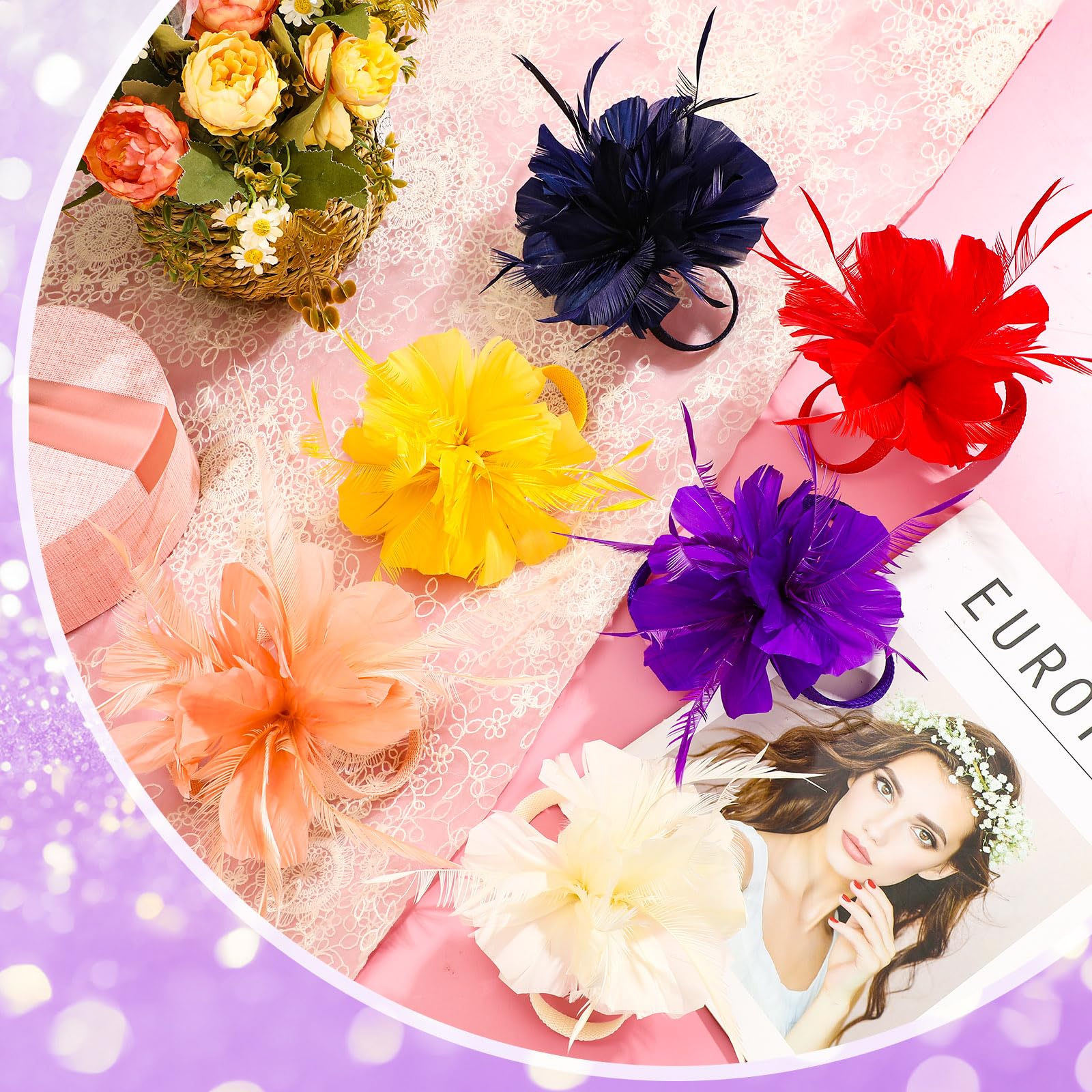 Riceshoot 6 Pcs Women's Fascinator Hats Tea Party Feather Flower Hats Wedding Derby Fascinator Hat Hairpin Hair Clip, 6 Color