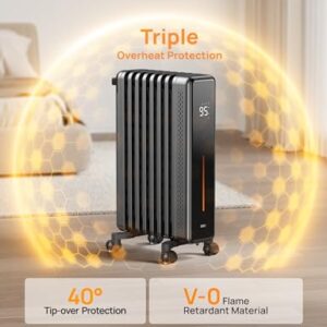 Dreo Oil Filled Radiator Heater, 1500W Electric Heaters for Indoor Use, Safety Heat for Large Room with Remote, 8 Fins, 4 Modes, Digital Thermostat, Overheat & Tip-Over Protection, 24H Timer, Quiet