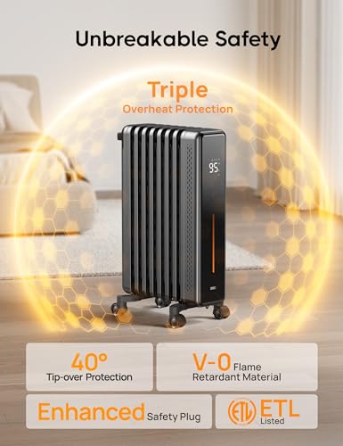 Dreo Oil Filled Radiator Heater, 1500W Electric Heaters for Indoor Use, Safety Heat for Large Room with Remote, 8 Fins, 4 Modes, Digital Thermostat, Overheat & Tip-Over Protection, 24H Timer, Quiet