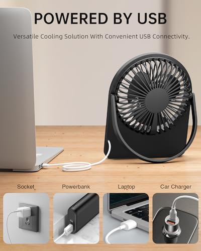 buywoo Portable USB Desk FAN, USB-A Corded Powered Small Personal Fan with 3-speed, Hangable Mini Foldable Desktop Fan with Strong Wind, Ultra Quiet for Home, Office, Desktop, Black