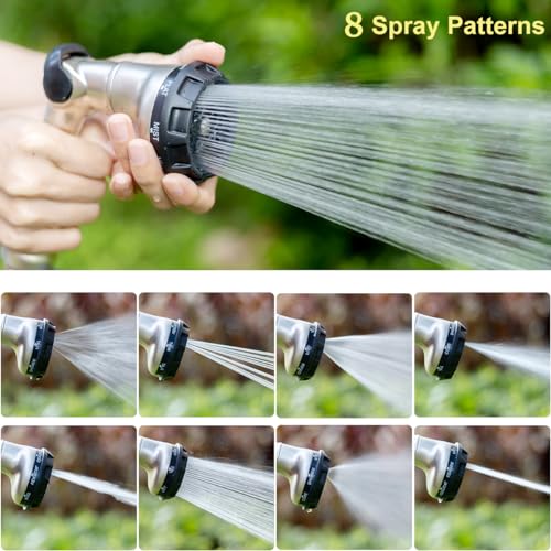 FANHAO Professional Heavy Duty Garden Hose Nozzle, 100% Metal Thumb Control Water Hose Sprayer with 8 Spray Patterns, High Pressure Water Nozzle for Lawn & Plant Watering, Car & Pet Washing