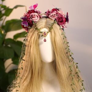 MOSTORY Purple Fairy Flower Crown - Elf Woodland Headpiece Floral Vine Headband Forest Hairband with Butterfly Fairy Costume for Women Renaissance Renfaire Party Cosplay Photo Shoot