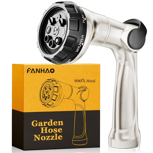 FANHAO Professional Heavy Duty Garden Hose Nozzle, 100% Metal Thumb Control Water Hose Sprayer with 8 Spray Patterns, High Pressure Water Nozzle for Lawn & Plant Watering, Car & Pet Washing