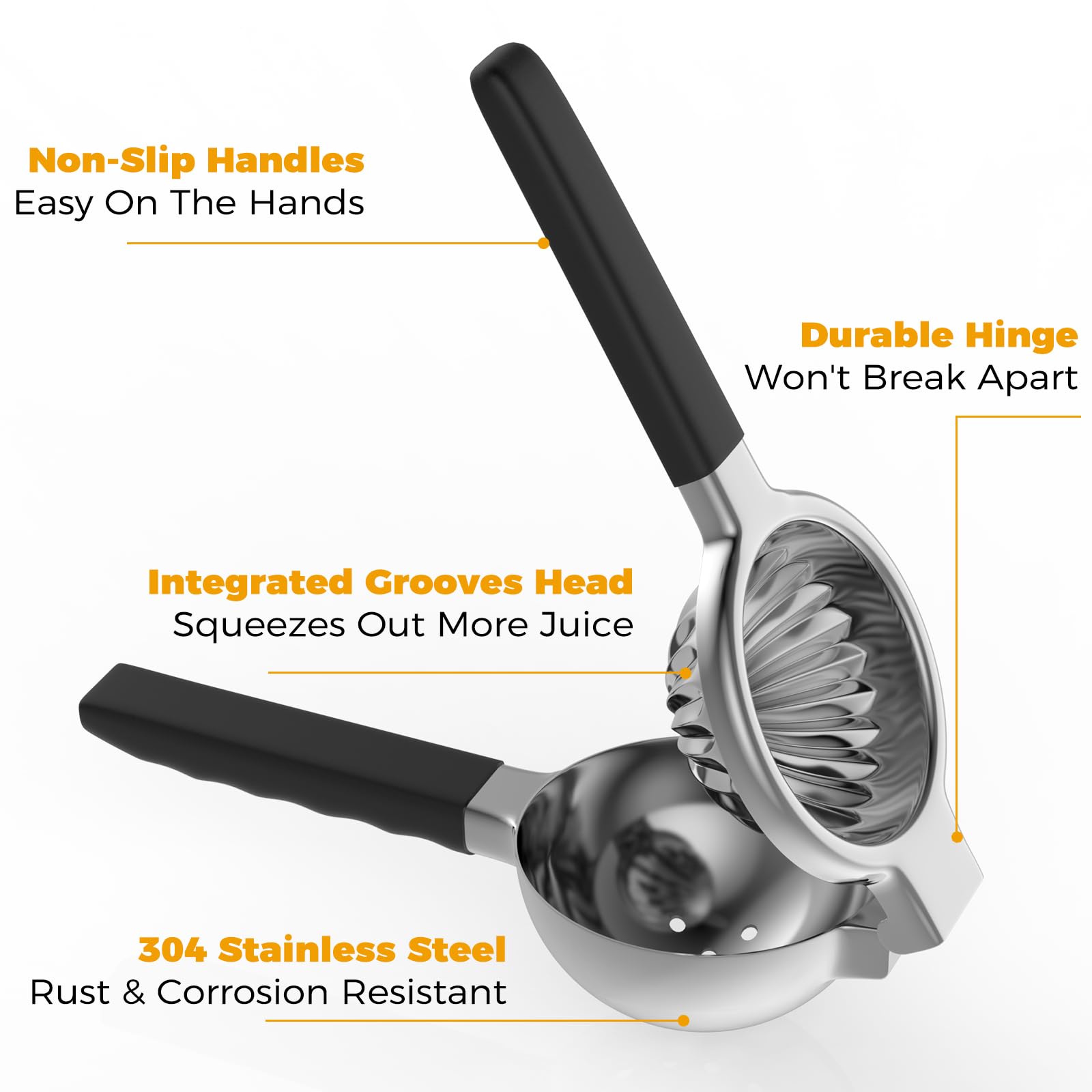 RCMo Stainless Steel Lemon Squeezer - Metal Citrus Juicer - Lime Lemon and Fruit Juicer with Silicone Handles - Large Manual Citrus Press Juicer - Hand Held Squeezer - Ergonomic Design with Solid
