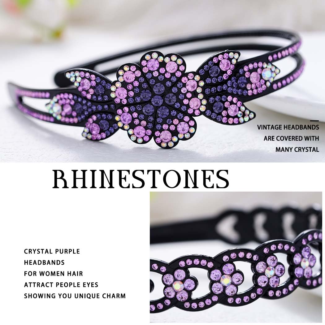 Coridy Purple Rhinestone Headbands for Women Crystal Floral Bejeweled Hairbands Double Row Non-Slip Hair Hoop (A-purple)