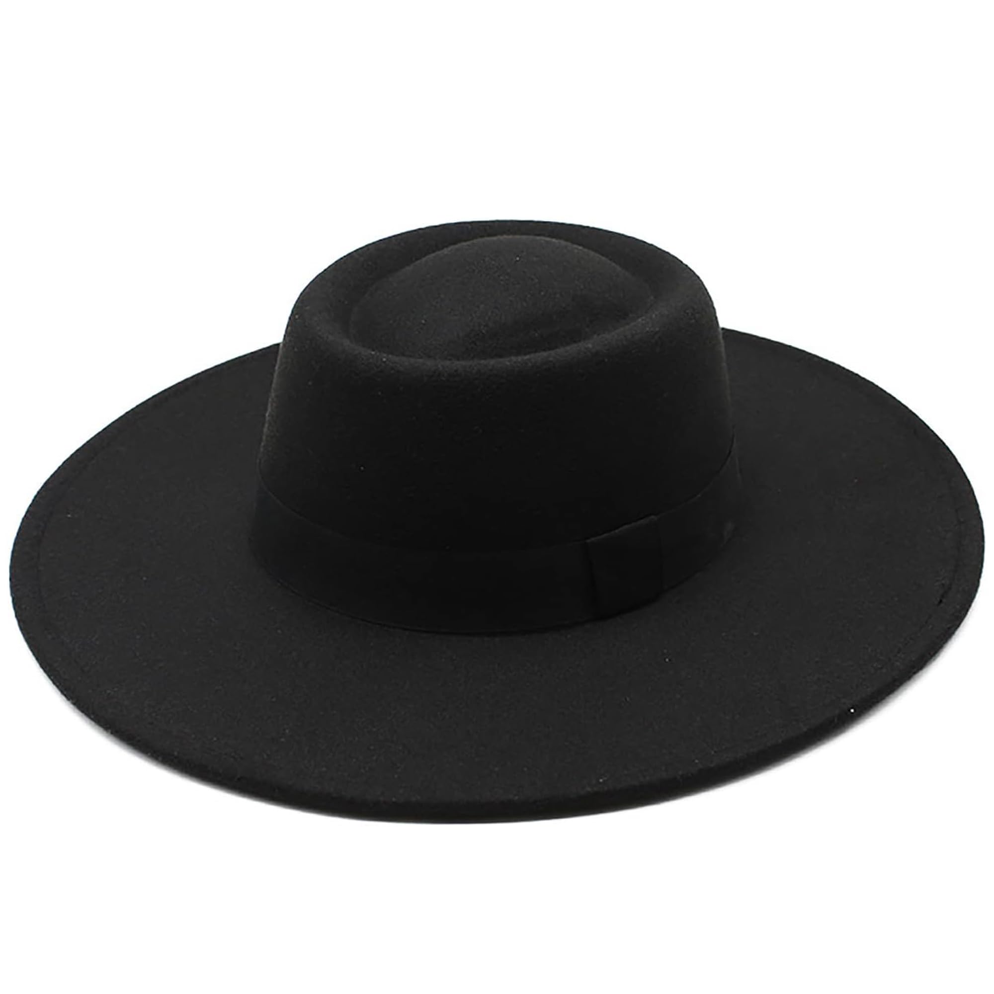 Wide Brim Panama Fedora Hat - Warm Felt Flat Top Pork Pie Cap for Women Men (Size:M/L) (US, Alpha, Medium, Large, Black)