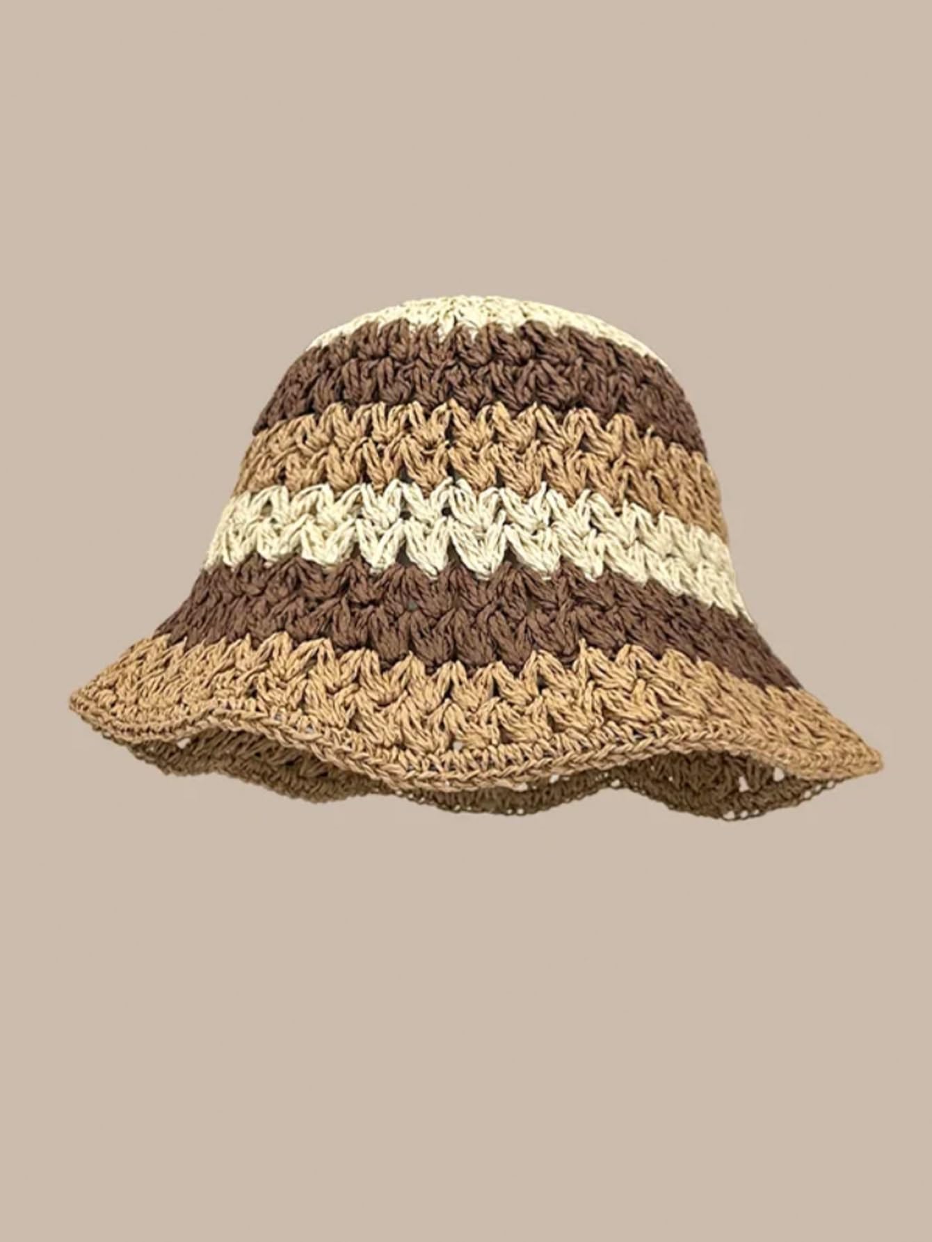 Verdusa Women's Floral Appliques Crochet Bucket Hats Cute Knitted Fishing Hat Outdoor Cap Coffee Brown One-Size