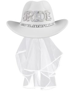 mgupzao cowboy hat and veil - bachelorette party decor, white cowgirl hat wedding bridal shower favors, bride to be gift, country western style