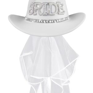 MGupzao Cowboy Hat and Veil - Bachelorette Party Decor, White Cowgirl Hat Wedding Bridal Shower Favors, Bride to be Gift, Country Western Style