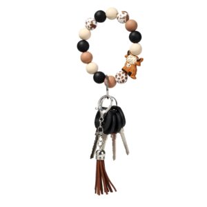 Nabegum Cow Print Silicone Beaded Bracelet Keychain Wristlet Key Ring Bangle Chains Western Highland Stuff Gifts for Women with Leather Tassel (Brown)