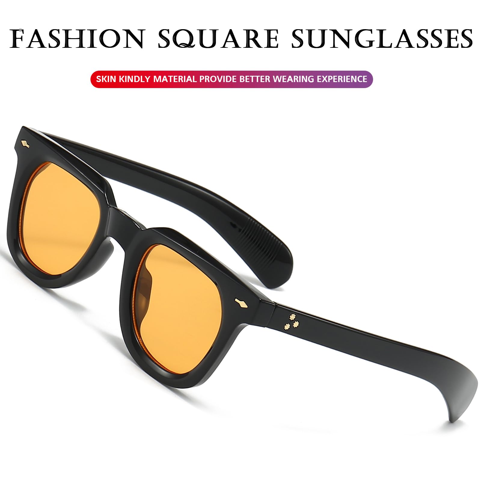 PORADAY Square Sunglasses for Women Men Trendy Thick Frame Sun Glasses Black Shades (Black/Yellow)