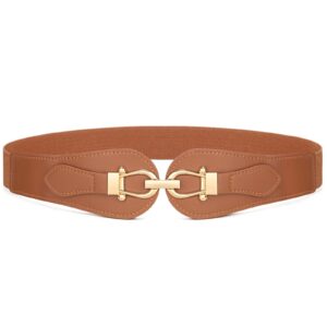 VONMELLI Wide Elastic Belts for Women Stretch Ladies Waist Belt Fashion Gold Buckle, Vintage Thick Brown Womens Belts for Dress, S