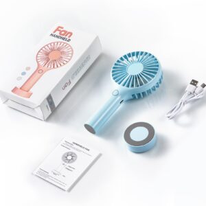 Mini Handheld Fan Portable, Small Portable Hand Held Fan with USB Rechargeable Battery, 3 Speed Personal Desk Table Fan with Base, Makeup Eyelash Fan for Women Kids Travel Indoor Outdoor, Blue