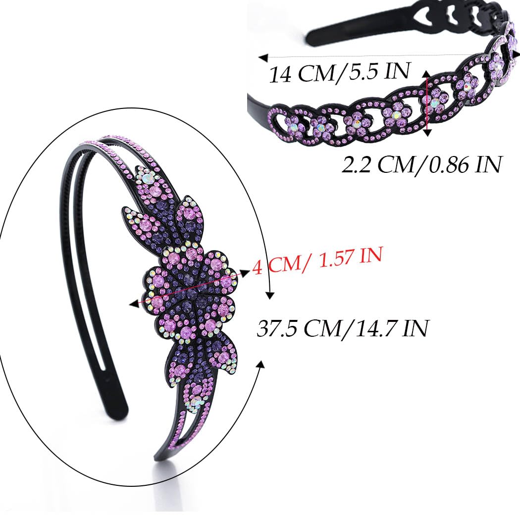 Coridy Purple Rhinestone Headbands for Women Crystal Floral Bejeweled Hairbands Double Row Non-Slip Hair Hoop (A-purple)