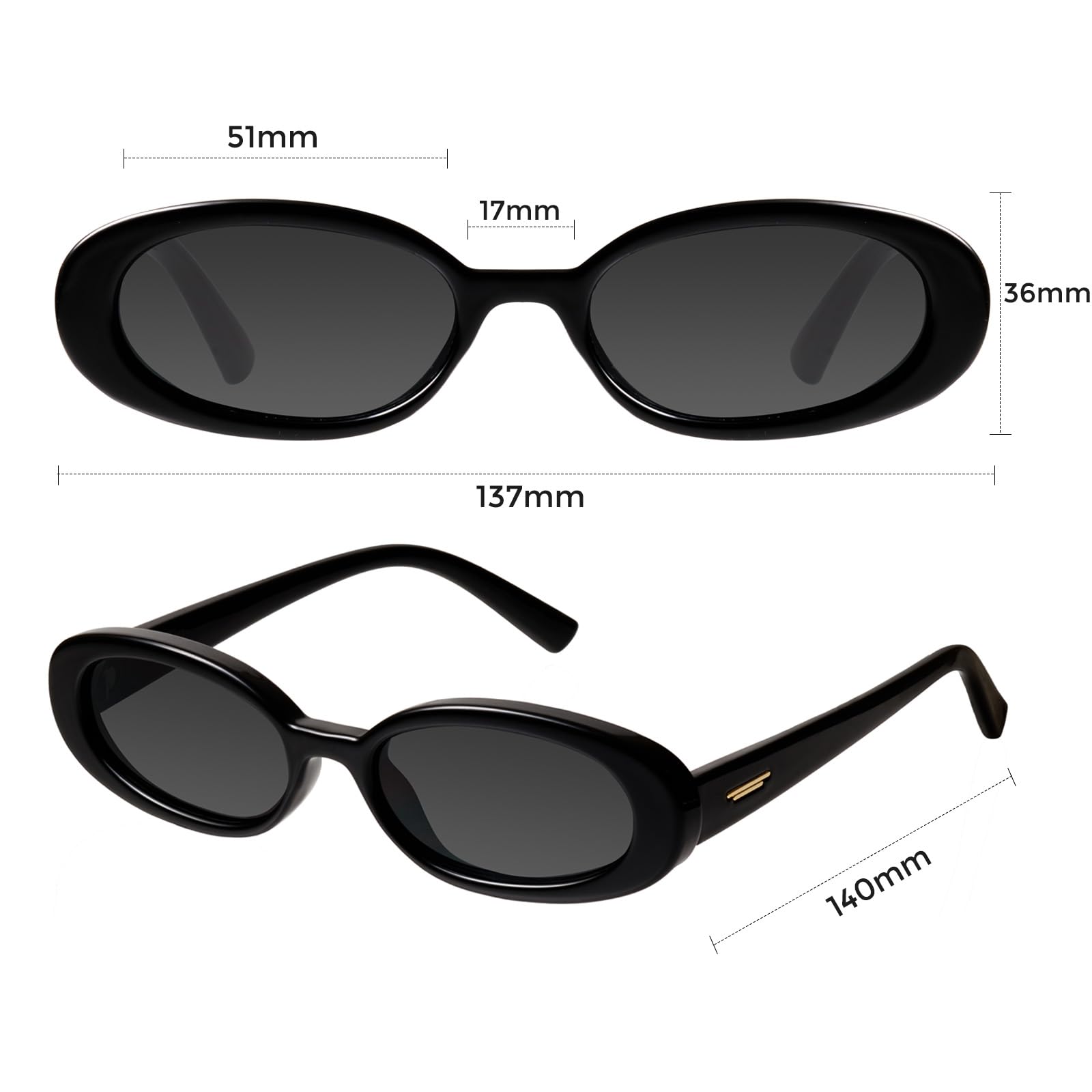 mosanana Retro Oval Sunglasses for Women 90s Small Trendy Fashion Vintage Narrow Tiny Cute Skinny Sun Glasses for Small Face Black MS52360