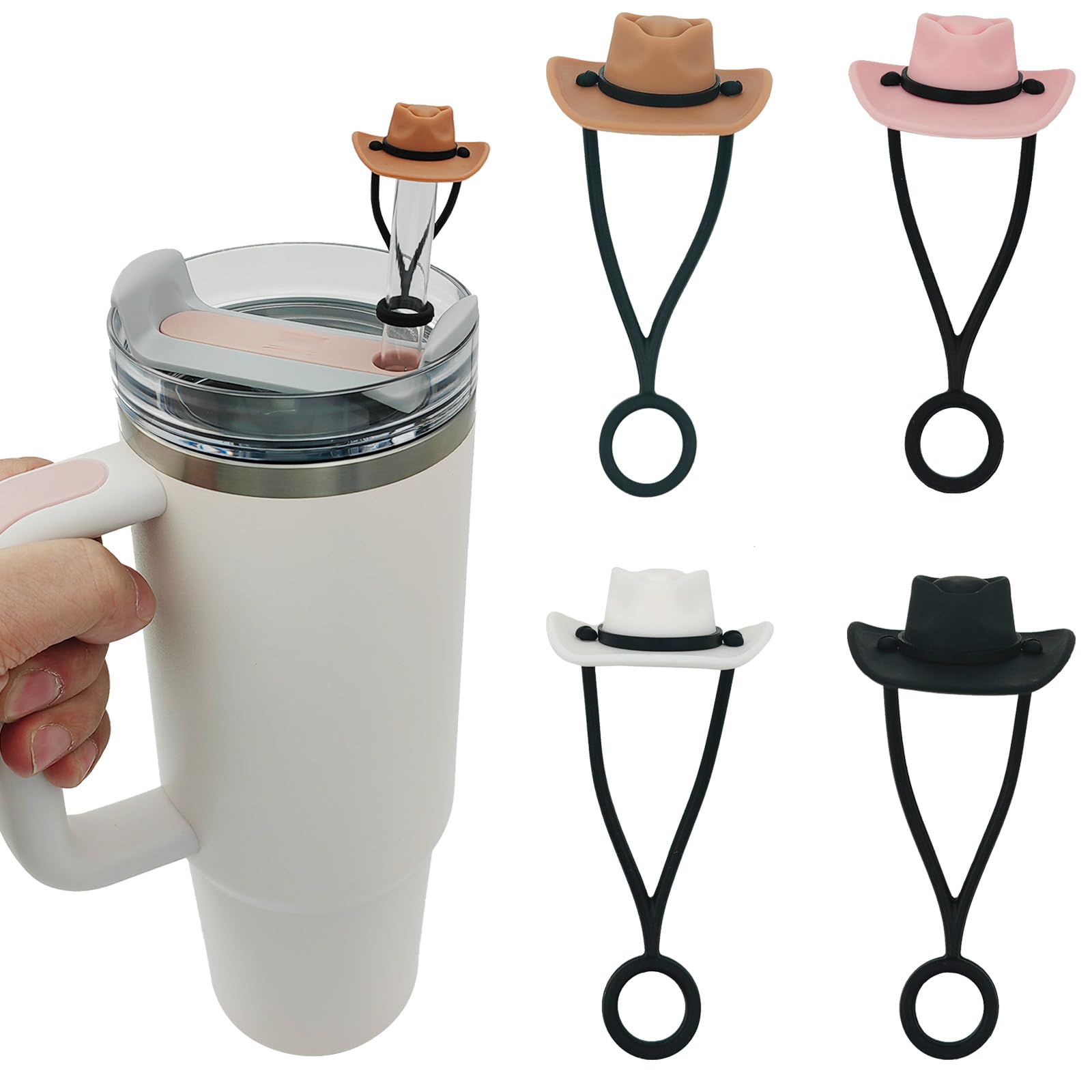 HomDsg 4 Pack Silicone Cowboy Hat Straw Covers Cap Compatible with Stanley Cup 30 40 oz, Cute Funny Tumbler Straw Topper Accessories for Man & Woman Christmas Gift