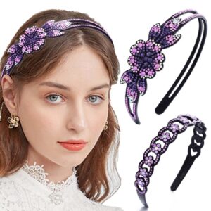 coridy purple rhinestone headbands for women crystal floral bejeweled hairbands double row non-slip hair hoop (a-purple)