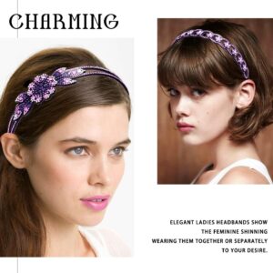 Coridy Purple Rhinestone Headbands for Women Crystal Floral Bejeweled Hairbands Double Row Non-Slip Hair Hoop (A-purple)