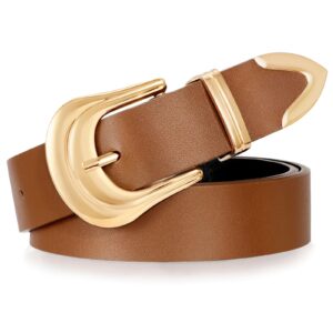 XZQTIVE Women's Leather Belt Plus Size Ladies Western Belt Silver Gold Buckle Brown Waist Belt for Jeans Pants Dresses