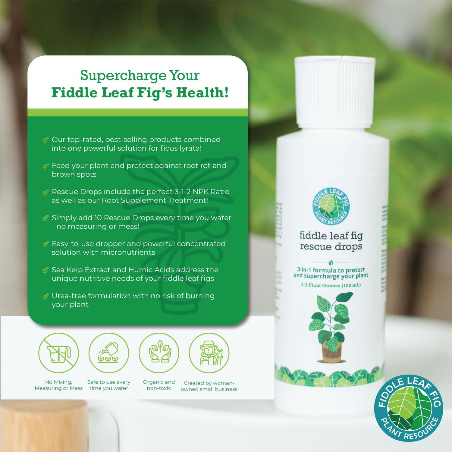 Fiddle Leaf Fig Rescue Drops by Fiddle Leaf Fig Plant Resource | 3-in-1 Liquid Fertilizer, Root Supplement & Immunity Booster (3.3 Fluid Ounces - 100ml)