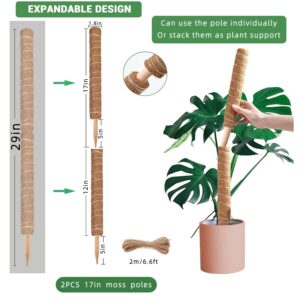 Moss Pole -2 Pack 17 Inch Monstera Plant Support for Climbing Plants Accessories Indoor -Stackable Moss Poles Plant Support Stakes -Coir Plant Pole Sticks for Potted Plants -Pothos - Plant Trellis