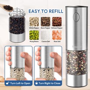 Rechargeable Salt and Pepper Grinder Set, Smoyer Stainless Steel Automatic Salt and Pepper Grinder Mill, Electric Pepper Shakers Set with Adjustable Coarseness and LED Light, Upgraded Larger Capacity