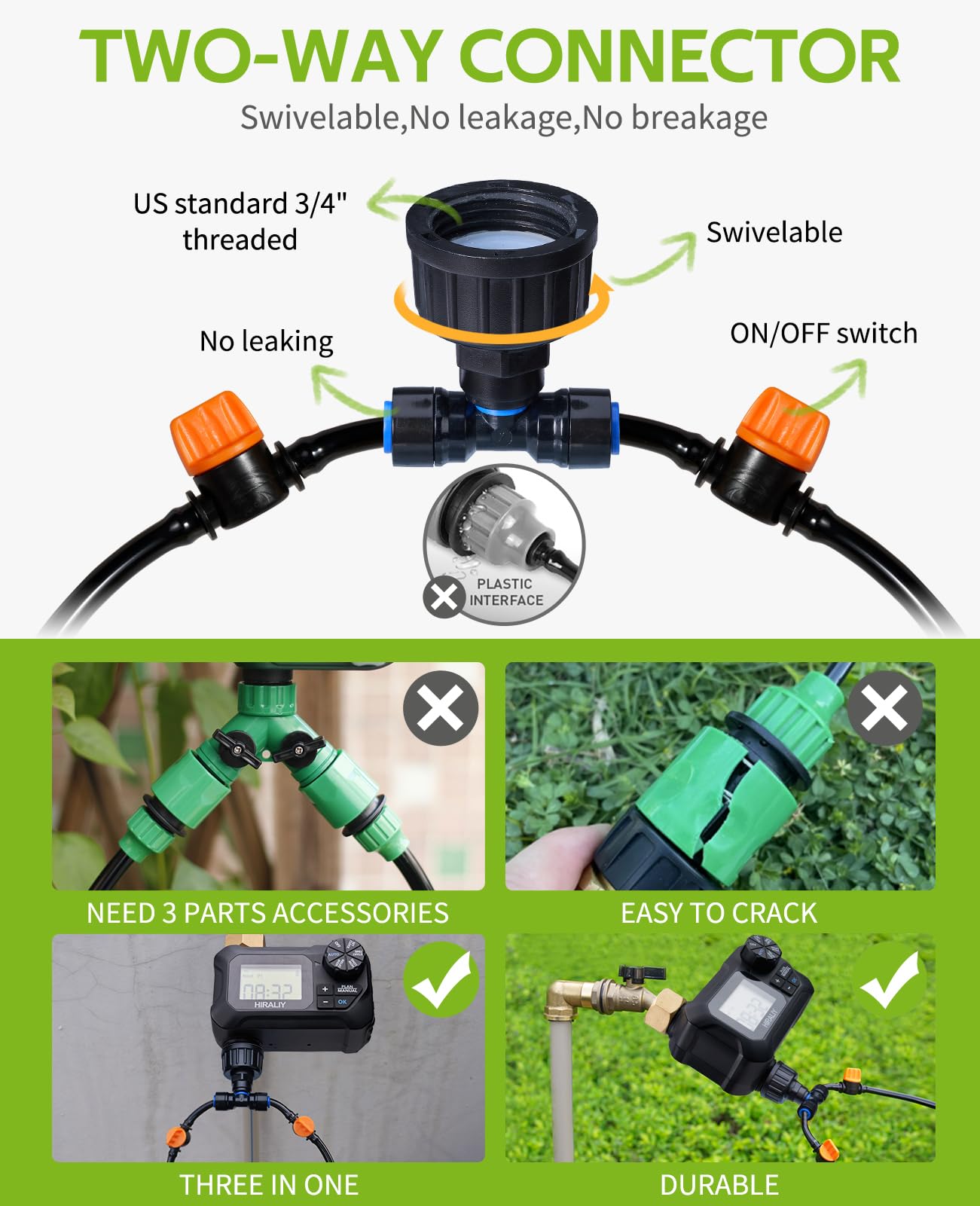 HIRALIY 65FT Automatic Drip Irrigation Kits with Garden Timer, 1/4" Blank Tubing and 4-outlets Misting Watering Nozzles, Auto Plant Watering System for Patio Lawn, Watering Regularly by Timer