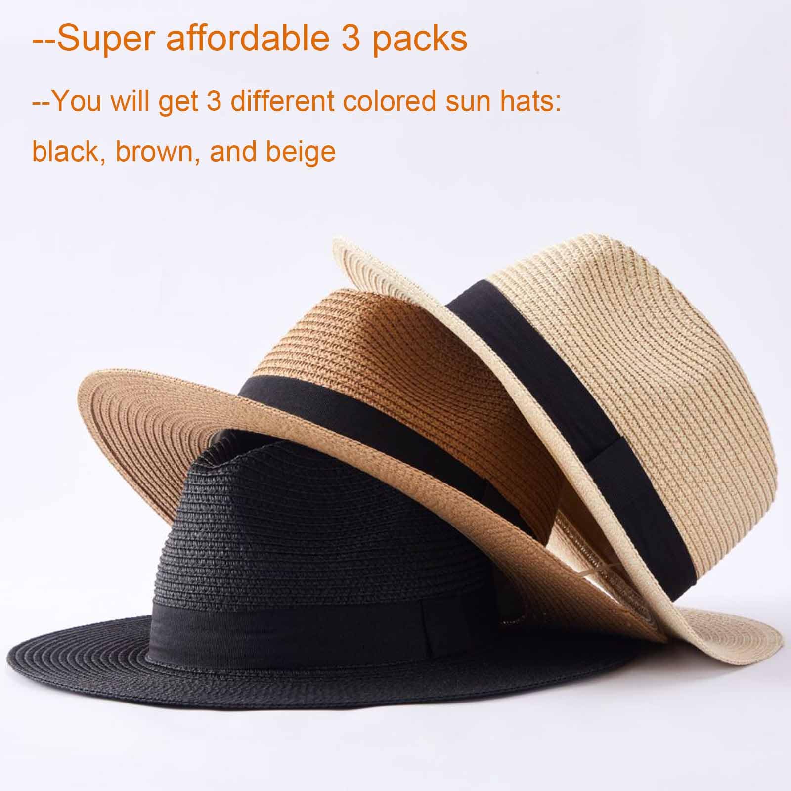 MEINICY 3PCS Womens Wide Brim Beach Hat Roll up Panama Straw Sun Hat Fedora Summer UV Protection Floppy Hat (Black+Brown+Beige)