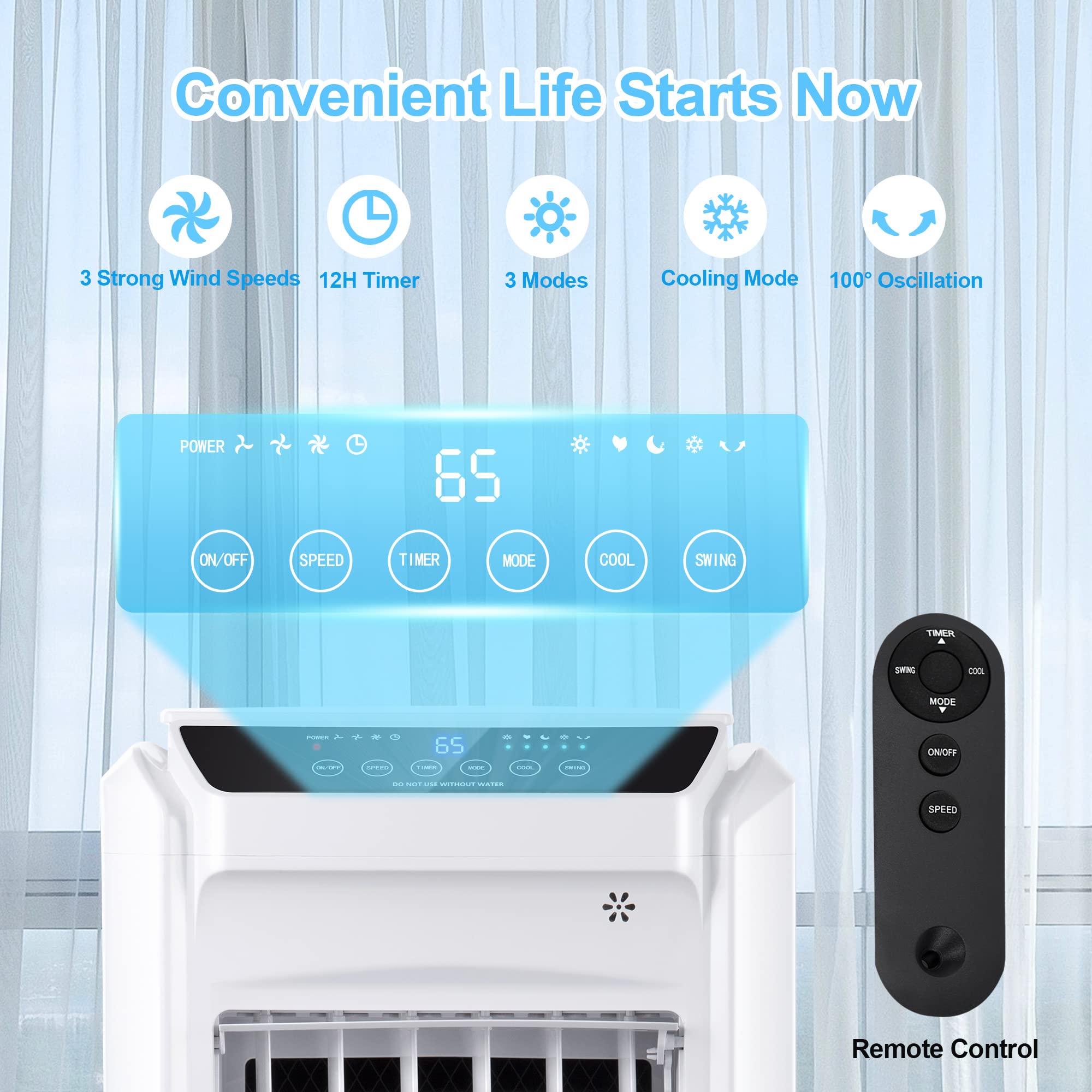 Uthfy Portable Air Conditioners,Evaporative Air Cooler, 32" Swamp Cooler with 4.2 Gal Tank, Remote, 90° Oscillation Cooling Fan with 3 Speeds, 12H Timer, 3 In 1 Tower Fan thats Blow Cold Air for Home