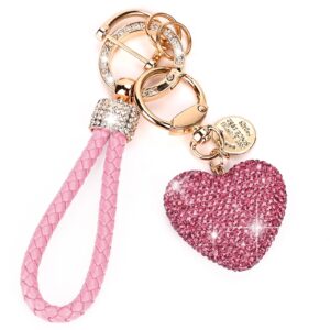 car keychain for women with rhinestone heart shape bling girl cute keychain for christmas,personalized gift (a-pink)