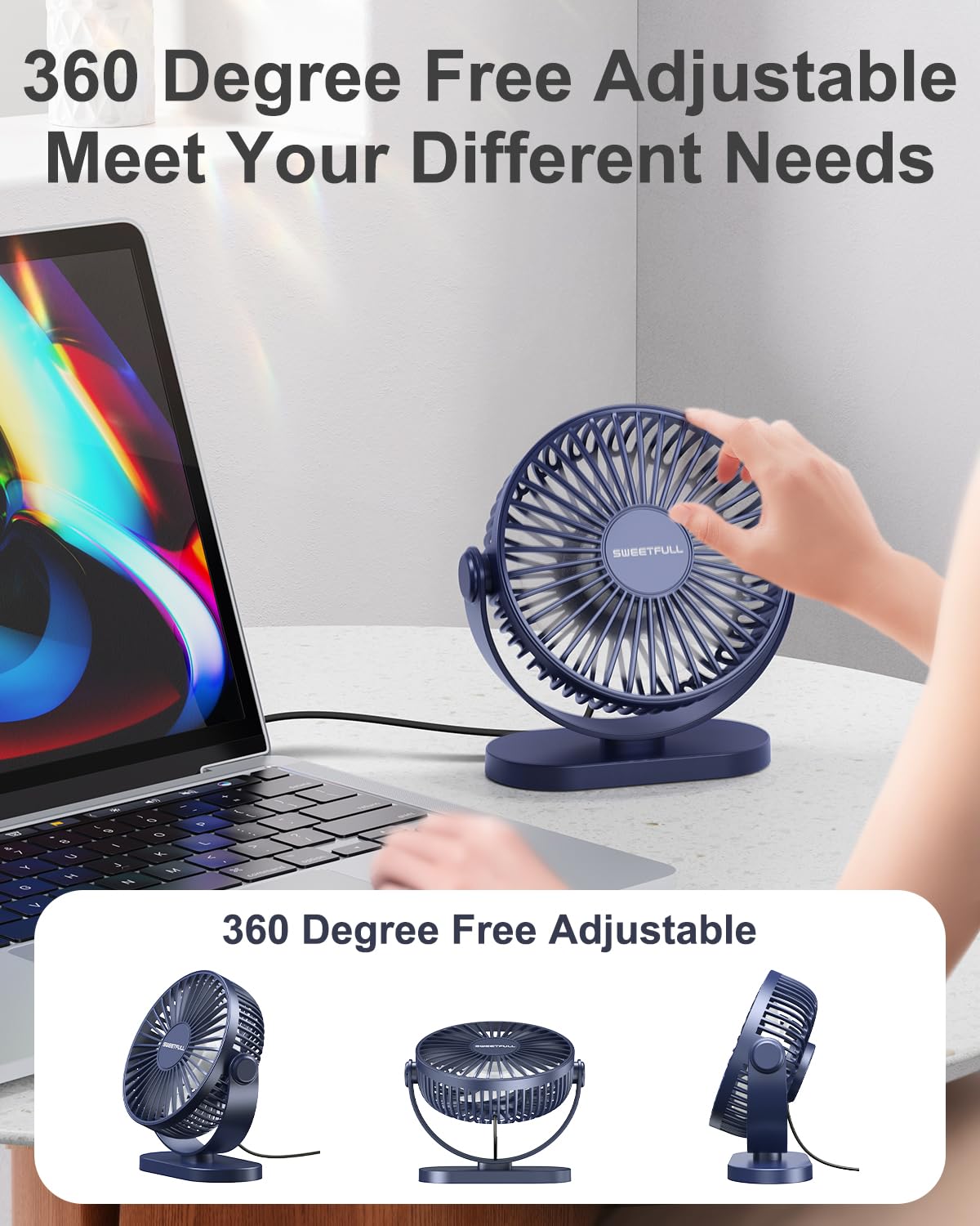 SWEETFULL USB Desk Fan Small Quiet - 3 Speeds Mini Personal Portable Fan 360° Rotation Adjustable, 5 Inch Office Table Cooling Gadgets on Desktop (Blue)