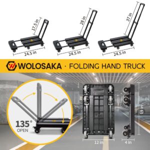 Wolosaka Folding Hand Truck Trolley with 6 Wheels Telescoping Handle Utility Dolly Luggage Cart Compact Design Adjustable Foldable Durable Heavy Duty Multi-Purpose Moving Travel Shopping Office Use