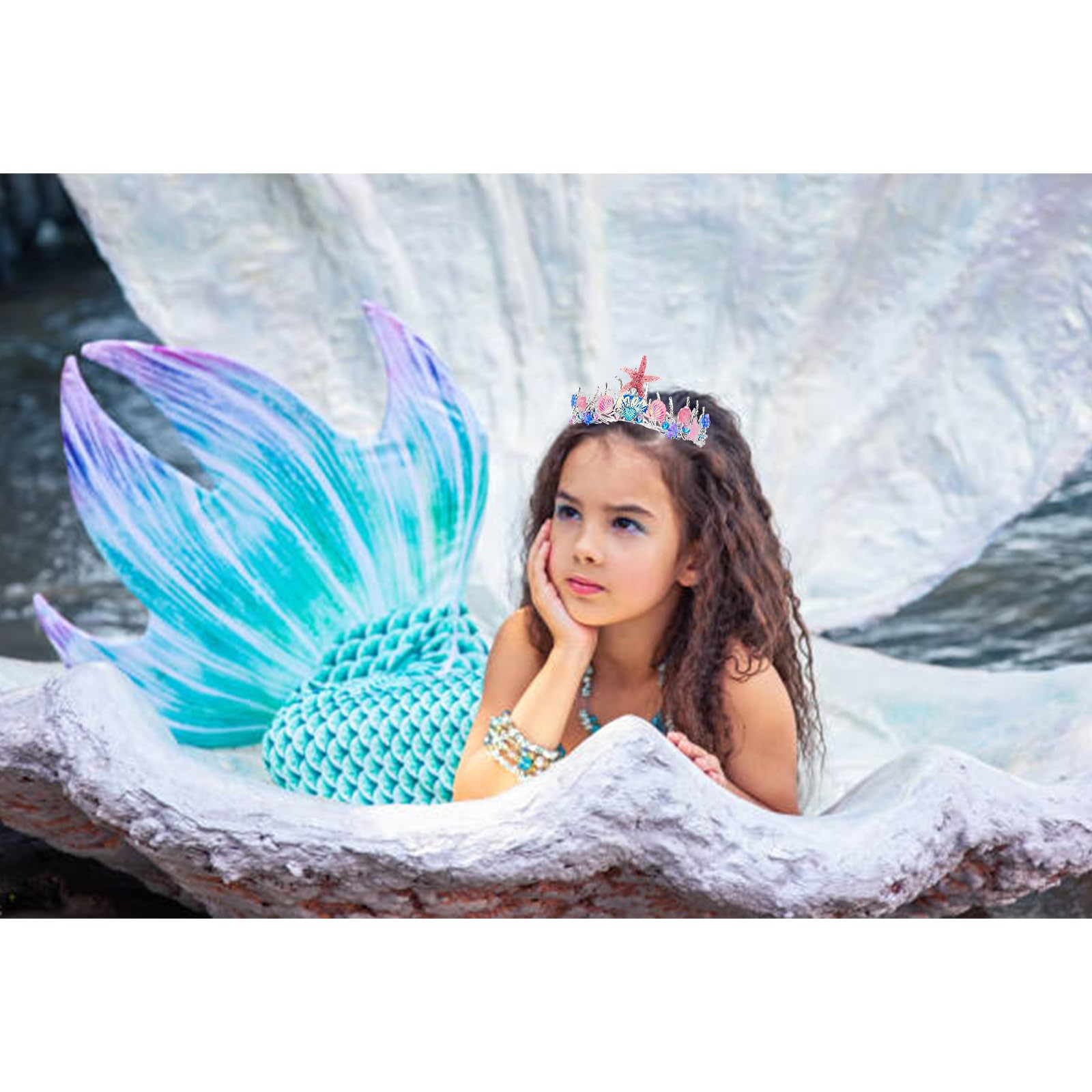 YARIEW Mermaid Crown Birthday Decorations, Costume, Tail Starfish Scales Seashell Hair Accessories for Women and Girls, Wide Headband, Party Gifts