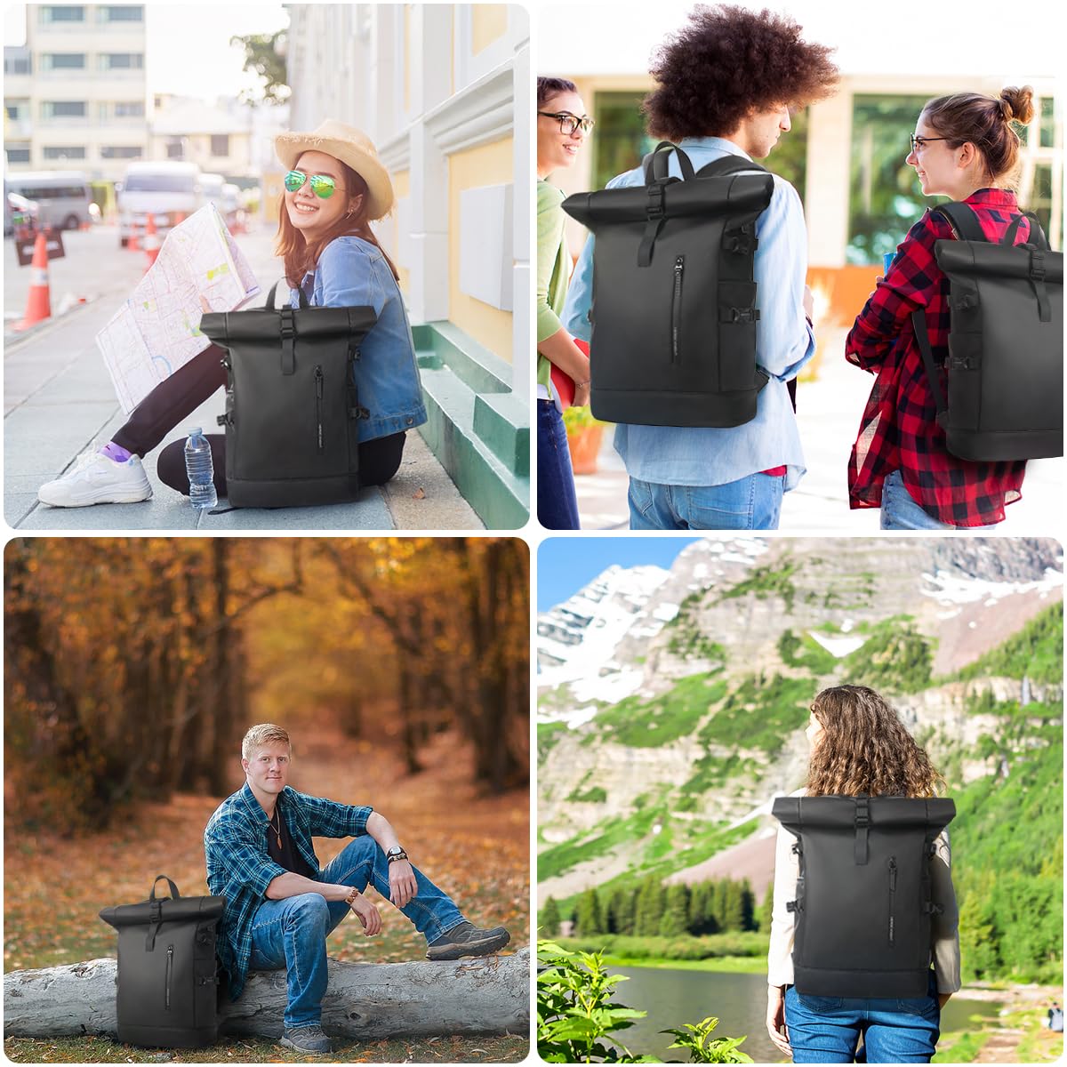 Roll Top Laptop Backpack for Men Women, Expandable Casual Daypack for 15.6 Inch Macbook Water-Resistant Commuter Laptop Rucksack Large Capacity Adjustable 18-27L for Work Business College-Black