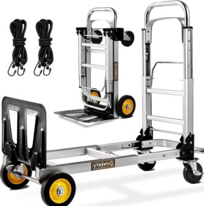 convertible hand truck dolly 3-in-1, aluminium hand dolly cart 440lb capacity fodable with rubber brake-wheels, anti-slip strip and 2 elastic rope