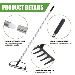 YEELOR Garden Rake, Carbon Steel Sturdy and Heavy Duty Carbon Rake, Bow Rake with Adjustable Stainless Steel Handle, Long Hand Rake for Loosening Soil Leveling Mulch Gathering Leaf