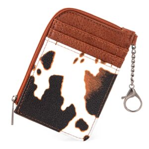 Montana West Wrangler Brown Cow Print Credit Card Holder Cute Keychain Wallet Small Wallets Woman with A Zipper Pocket Thin Slim & Minmalist WG102-W005BR