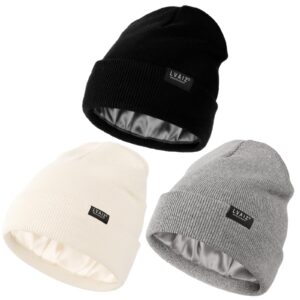 3 pack satin lined beanie hats for women men winter silk lined soft warm knit cuffed beanies cotton crochet slouchy skull cap