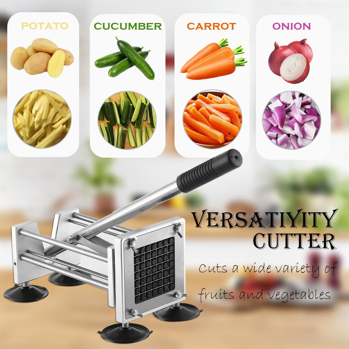 French Fry Cutter, Heavy Duty Professional Stainless Steel Potato Cutter, Removable Handle and 4 Suction Feet, 1/2-inch, 3/8-inch Blades for Potatoes, Onions, Carrots, Cucumbers, Air Fryer