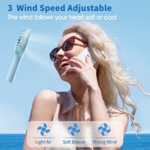 Mini Handheld Fan Portable, Small Portable Hand Held Fan with USB Rechargeable Battery, 3 Speed Personal Desk Table Fan with Base, Makeup Eyelash Fan for Women Kids Travel Indoor Outdoor, Blue