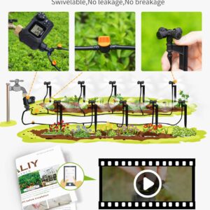 HIRALIY 65FT Automatic Drip Irrigation Kits with Garden Timer, 1/4" Blank Tubing and 4-outlets Misting Watering Nozzles, Auto Plant Watering System for Patio Lawn, Watering Regularly by Timer