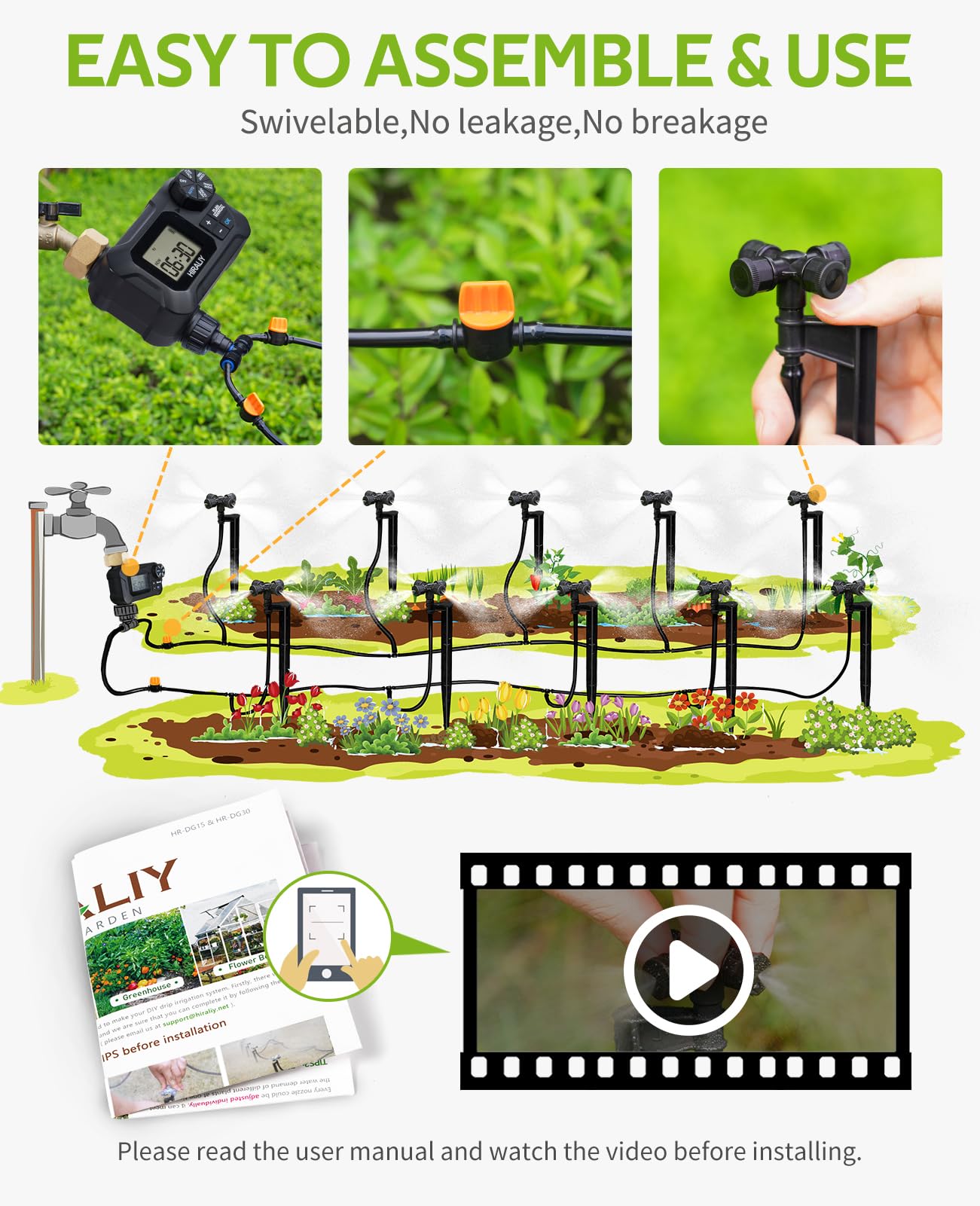 HIRALIY 65FT Automatic Drip Irrigation Kits with Garden Timer, 1/4" Blank Tubing and 4-outlets Misting Watering Nozzles, Auto Plant Watering System for Patio Lawn, Watering Regularly by Timer