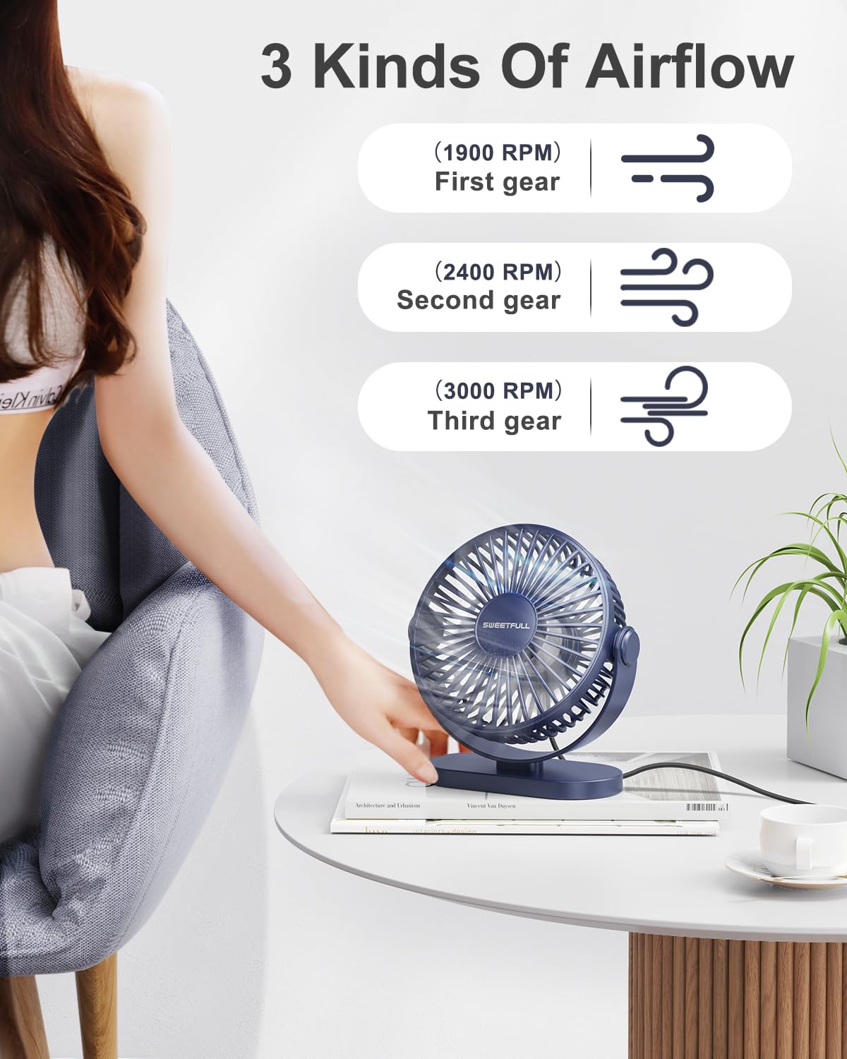 SWEETFULL USB Desk Fan Small Quiet - 3 Speeds Mini Personal Portable Fan 360° Rotation Adjustable, 5 Inch Office Table Cooling Gadgets on Desktop (Blue)