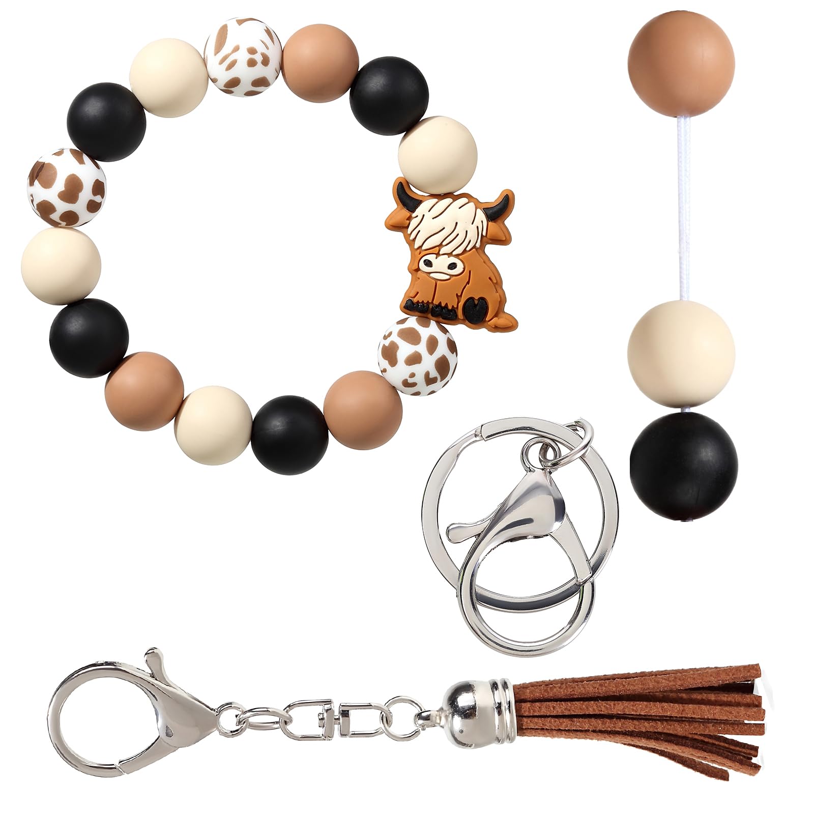 Nabegum Cow Print Silicone Beaded Bracelet Keychain Wristlet Key Ring Bangle Chains Western Highland Stuff Gifts for Women with Leather Tassel (Brown)