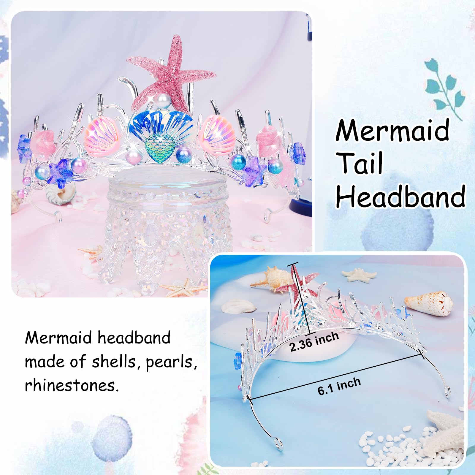 YARIEW Mermaid Crown Birthday Decorations, Costume, Tail Starfish Scales Seashell Hair Accessories for Women and Girls, Wide Headband, Party Gifts